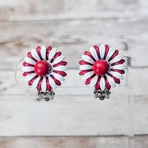 Vintage Clip On Earrings - Red & White Flower 7/8"